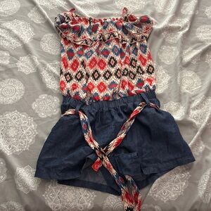 Colorful Patterned Romper with Denim Shorts